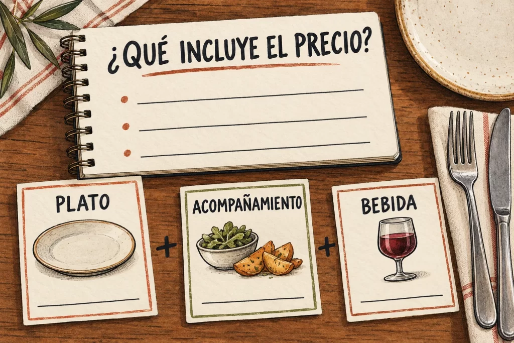 Plato, acompañamiento y bebida separados para comprobar qué incluye el precio antes de reservar.