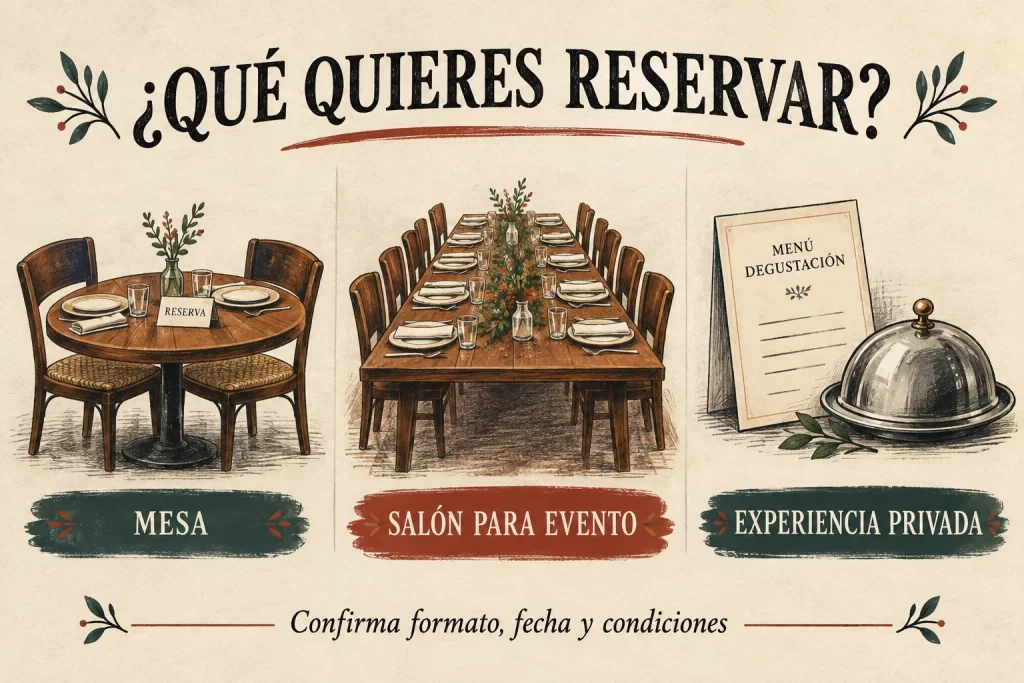 Tres consultas distintas: reservar una mesa, un salón para un evento o una experiencia privada.
